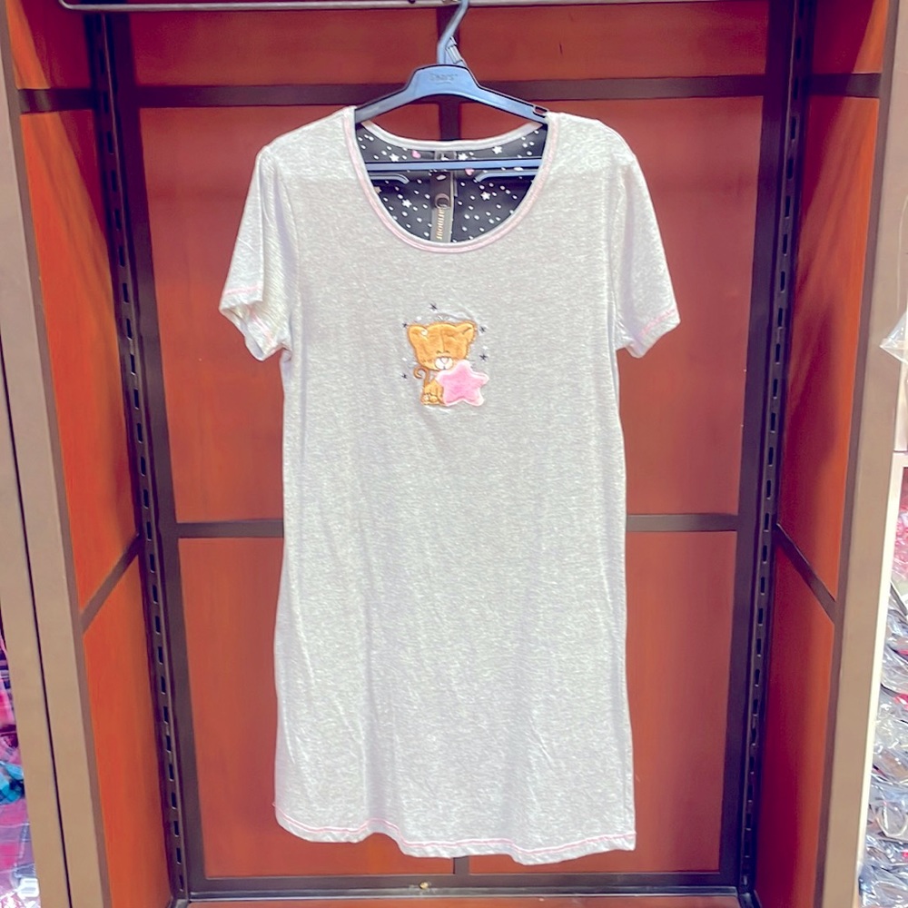 Ladies Grey Nightshirt with Cats and Star Patch